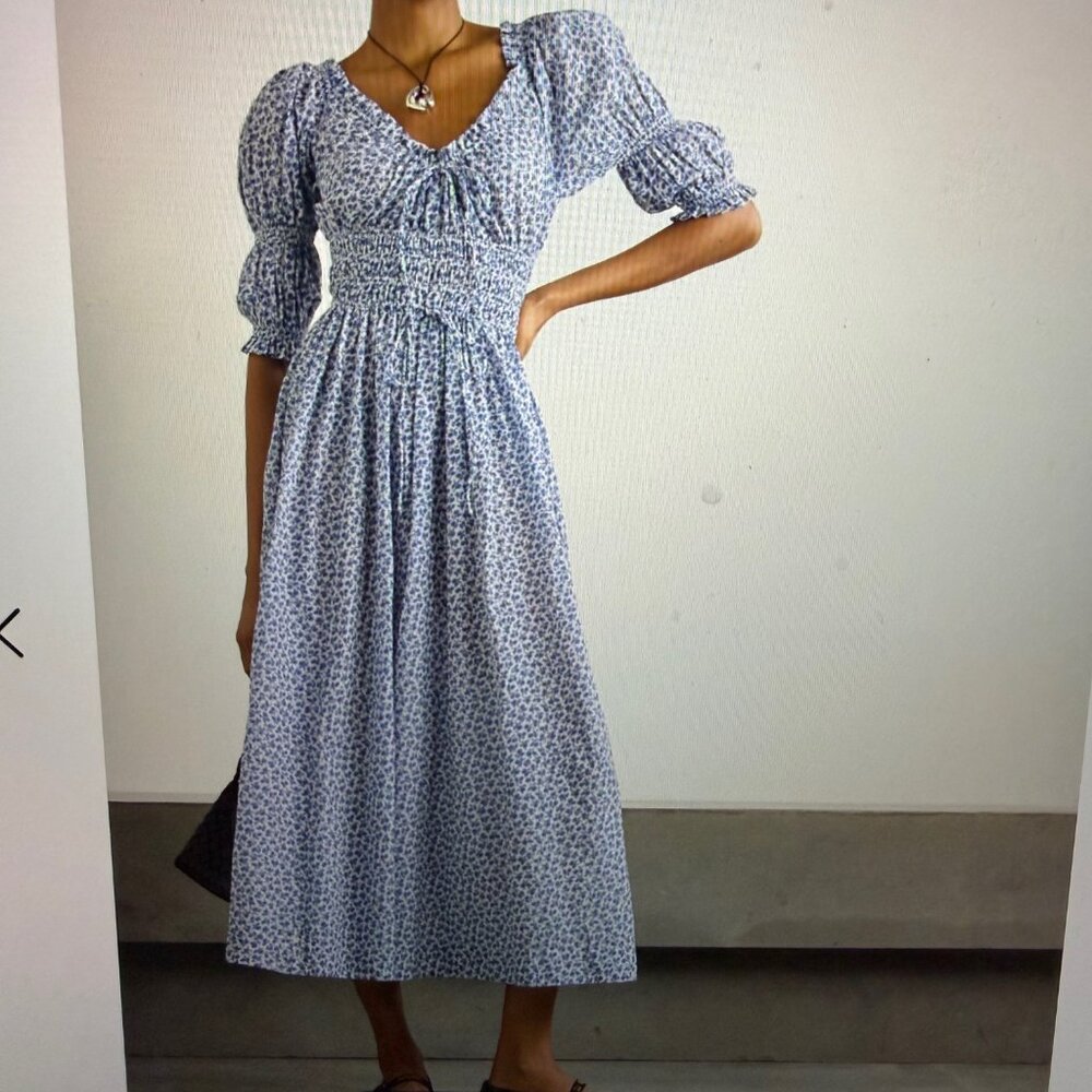 DOEN Sz M Ischia Dress in Blue Floral Print